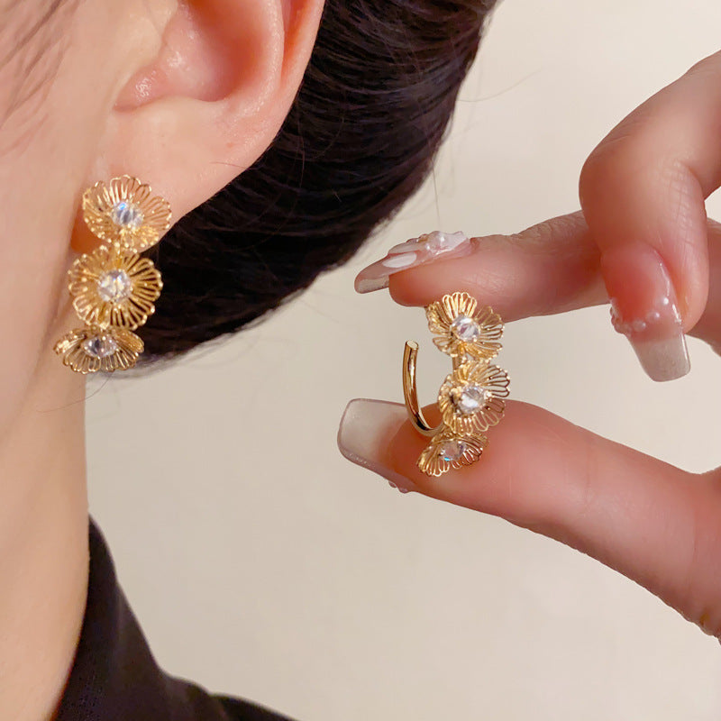 Elegant Zircon Hollow Petal Hoop Earrings – French Floral Design