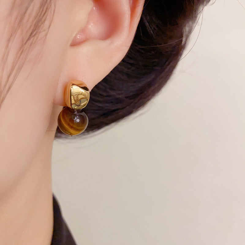 Luxury Square Tiger’s Eye Stud Earrings – Retro Geometric Design