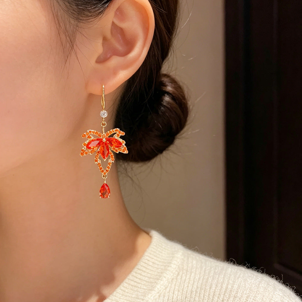 Eaioncol Maple Leaf CZ Tassel Ear Hooks Red Gold