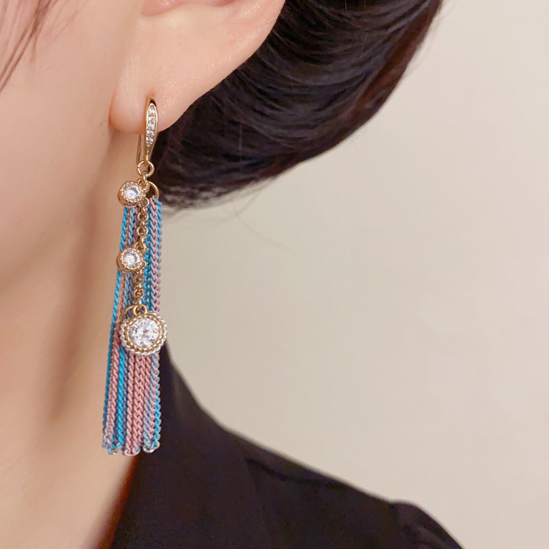 Elegant Zircon Chain Tassel Drop Earrings – Geometric Design