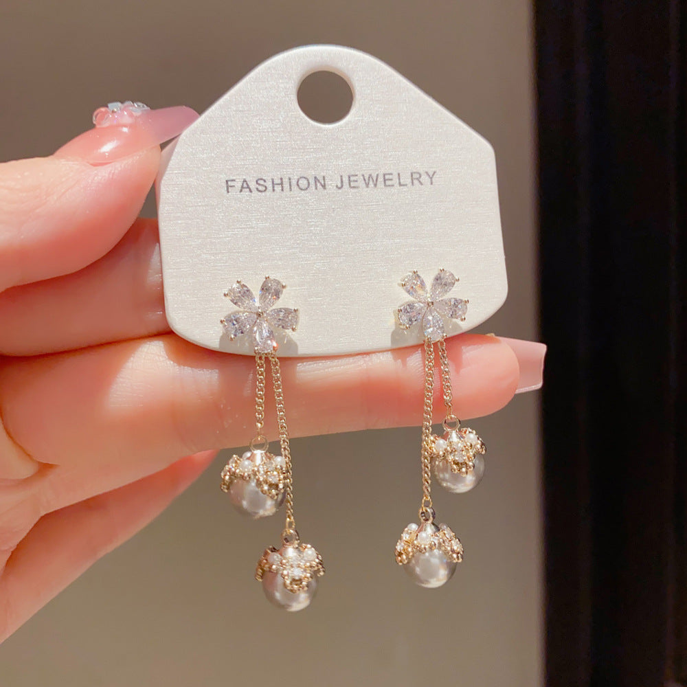 Eaioncol Floral CZ Pearl Tassel Earrings 14K Gold Plated