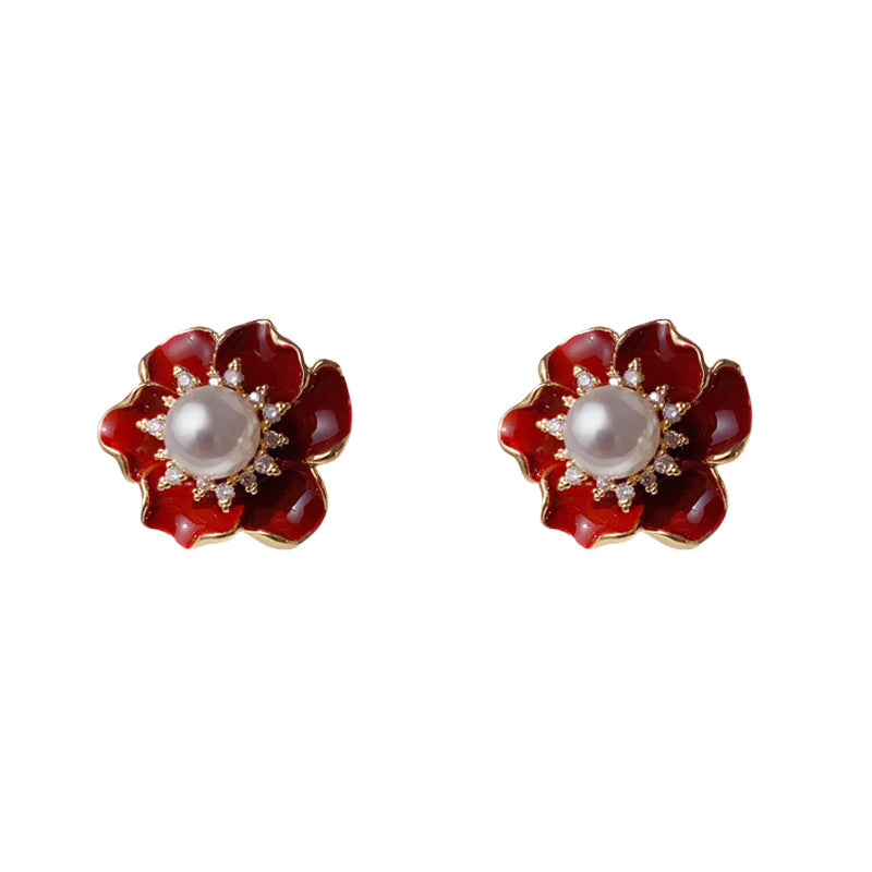 Elegant Zircon Pearl Enamel Petal Stud Earrings – Floral Design