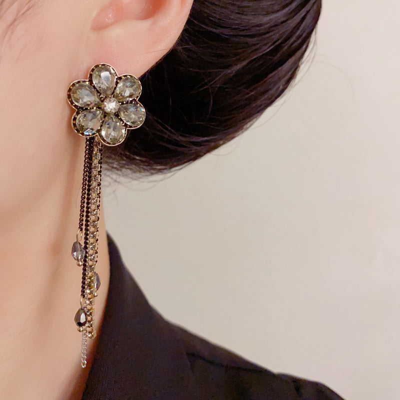 Luxury Zircon Floral Petal 2-Way Tassel Drop Earrings – Elegant Design