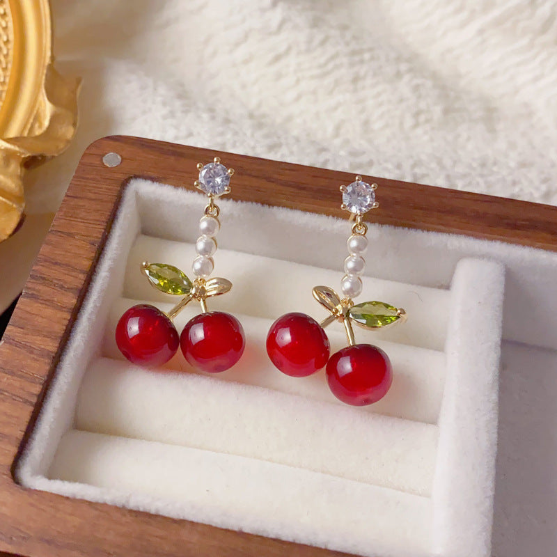 Elegant Red Cherry Pearl Drop Earrings – Sweet Fruit Design
