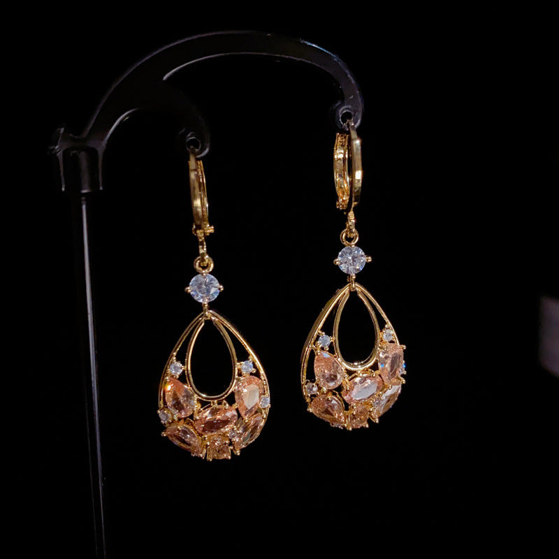 14K Gold-Plated Full Diamond Waterdrop Earrings - Elegant Drop Design