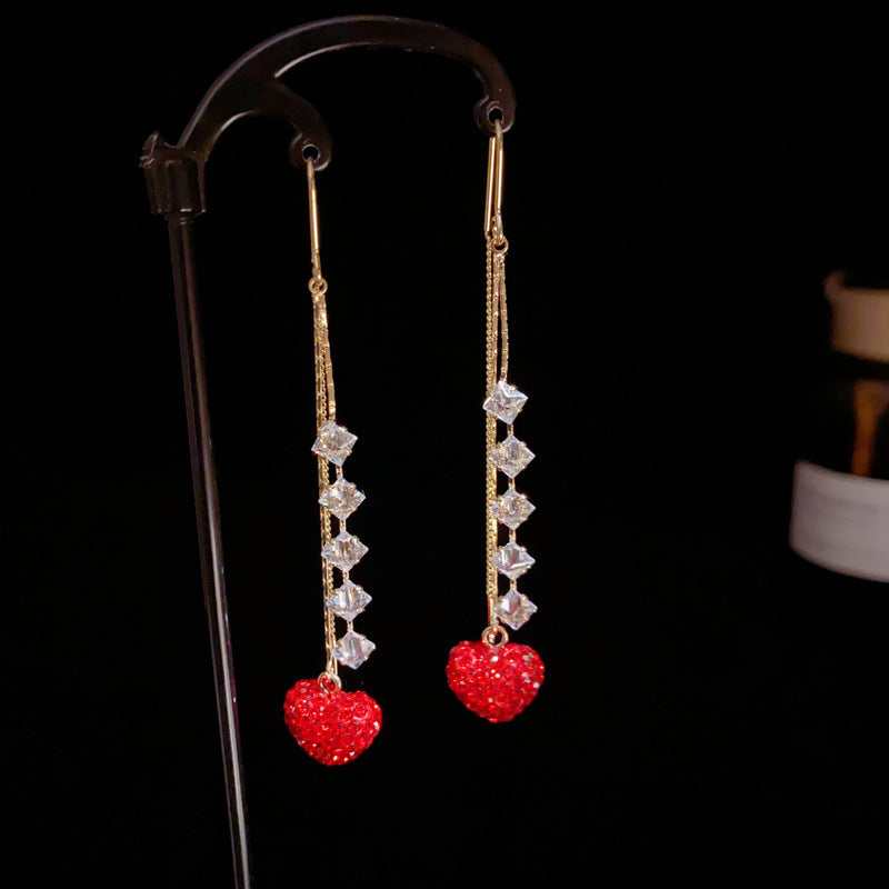 14K Gold-Plated Red Heart Long Tassel Earrings - Minimalist Elegance