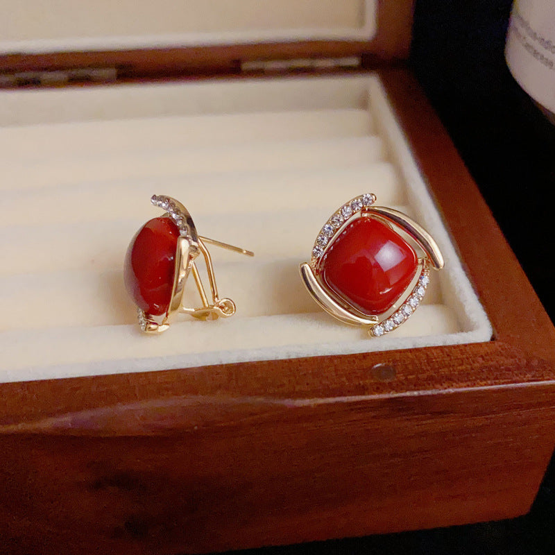 14K Gold-Plated Red Square Pearl Earrings - Vintage Minimalist Design