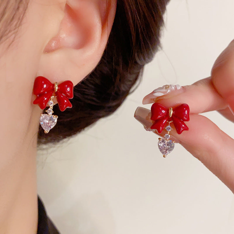 14K Gold-Plated Red Heart Earrings with Bow and Zircon - Retro Style