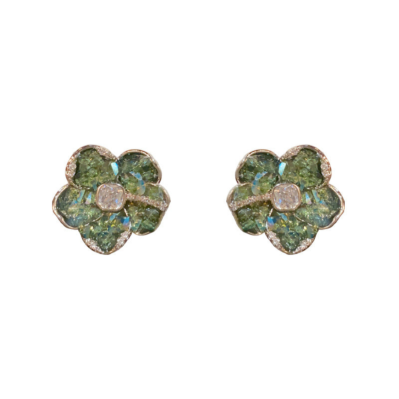 14K Gold-Plated Crystal Green Petal Stud Earrings -Floral Design