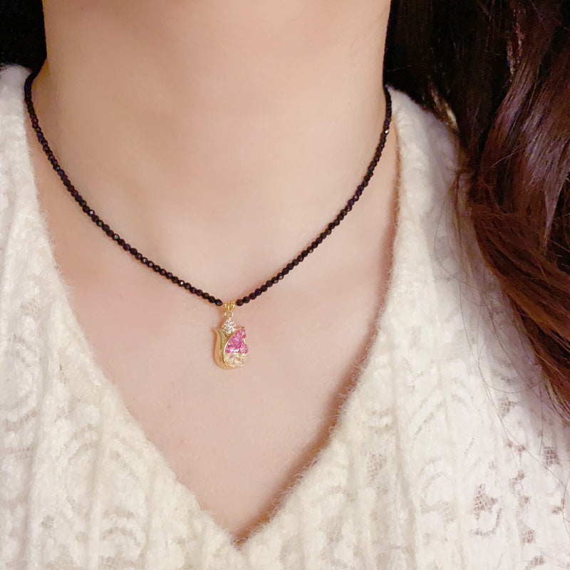 14K Gold Luxury Pink Tulip Crystal Pendant Necklace – Clavicle Chain