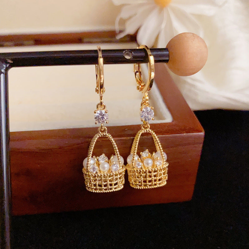Luxury Woven Basket Zircon & Pearl Drop Earrings – Elegant Design