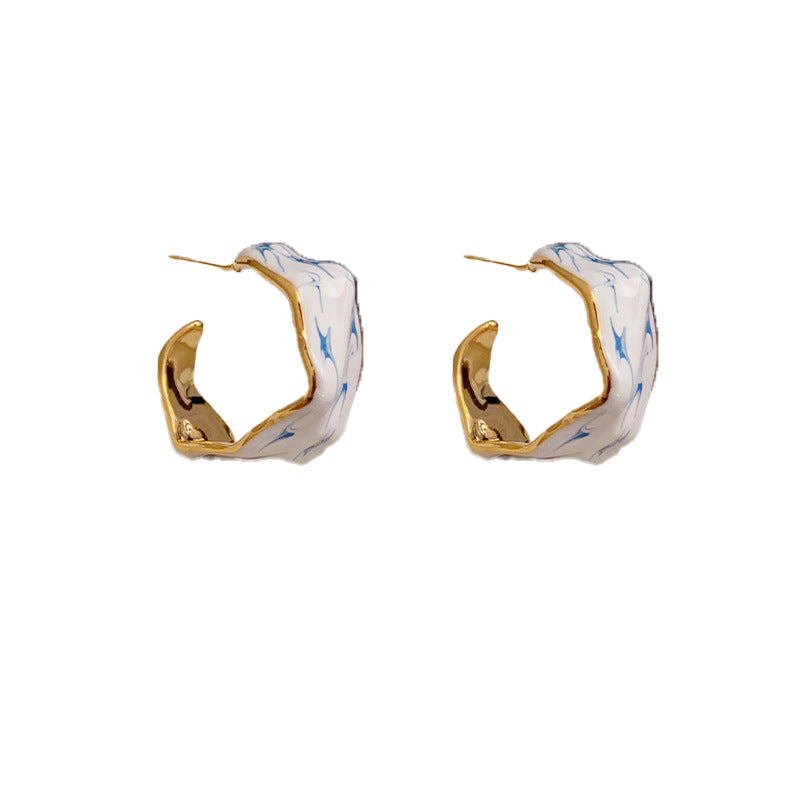 14K Gold Plated Blue and White Porcelain Drop Hoop Earrings-Stylish design