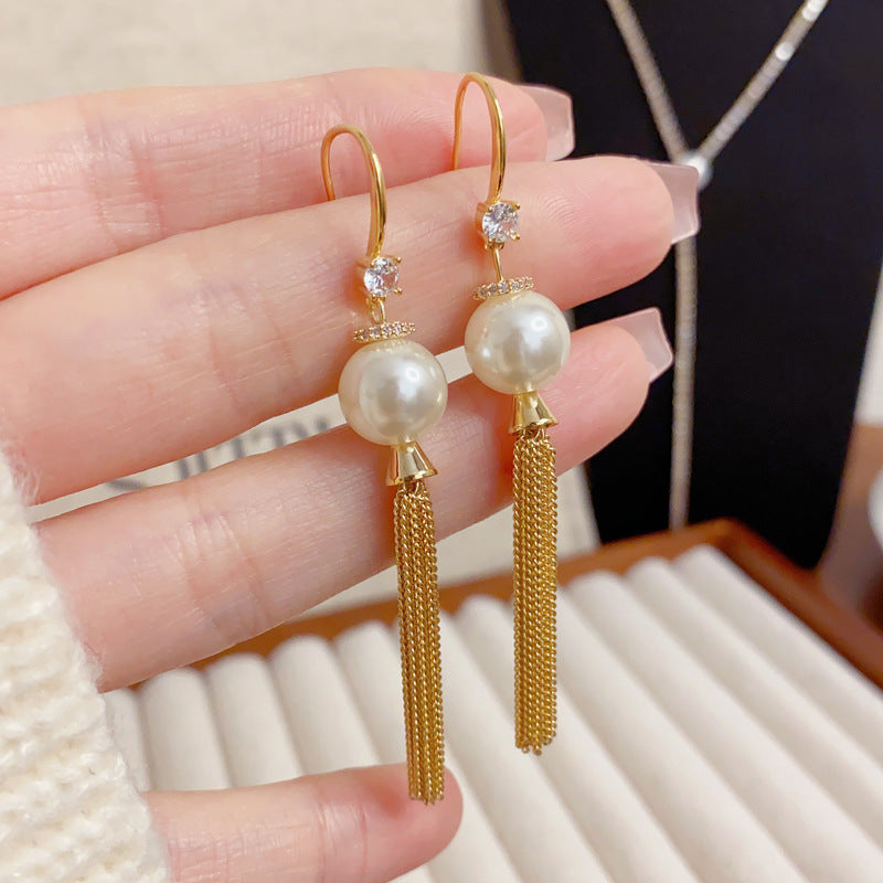Elegant Zircon Pearl Chain Tassel Drop Earrings – Long Fringe Design