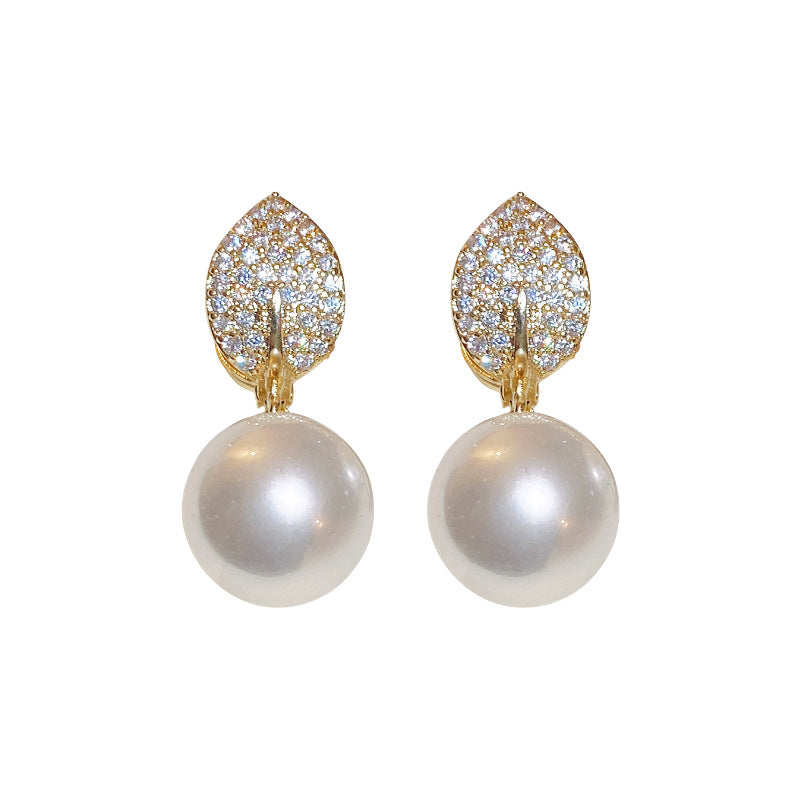 14K Gold-Plated Zircon Leaf Pearl Earrings - Elegant Sided Design