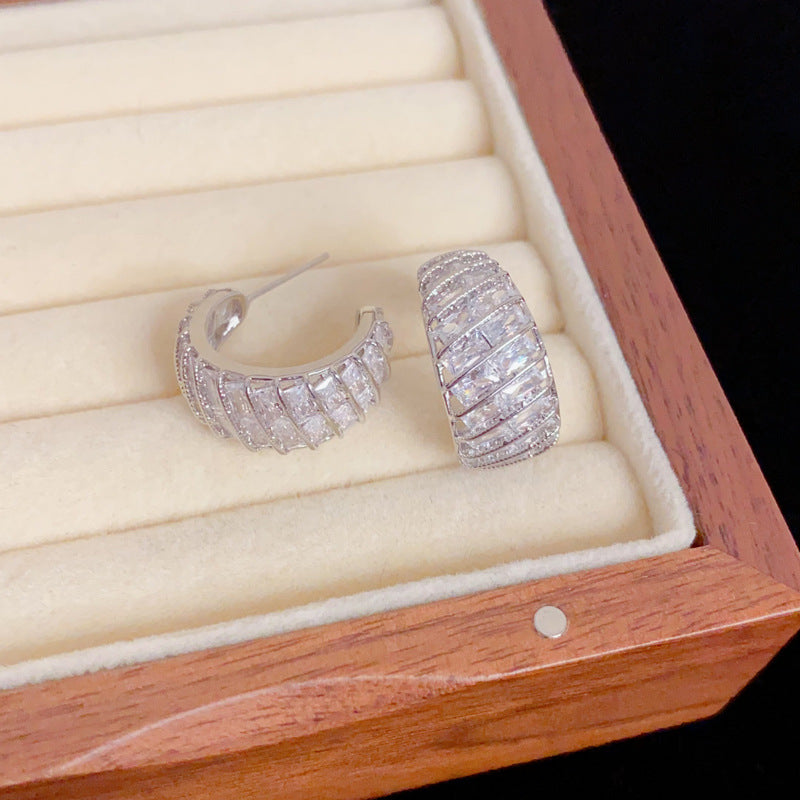 Gold C-Shape Zircon Hoop Earrings – 925 Silver Post for Sensitive Ears
