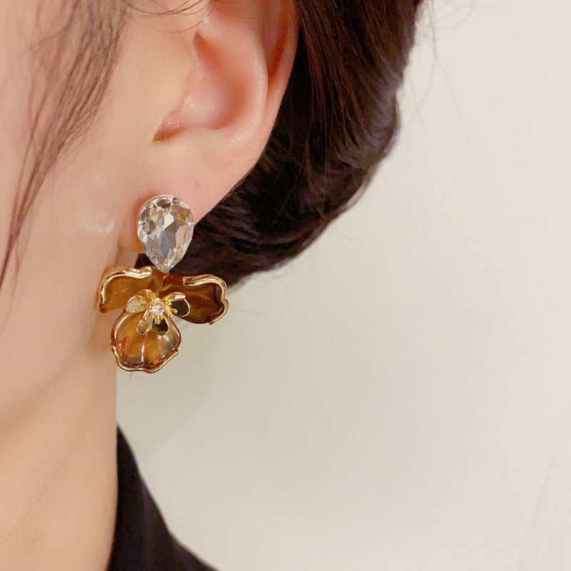 14K Gold-Plated Caramel Amber Three-Petal Flower Earrings -Minimalist