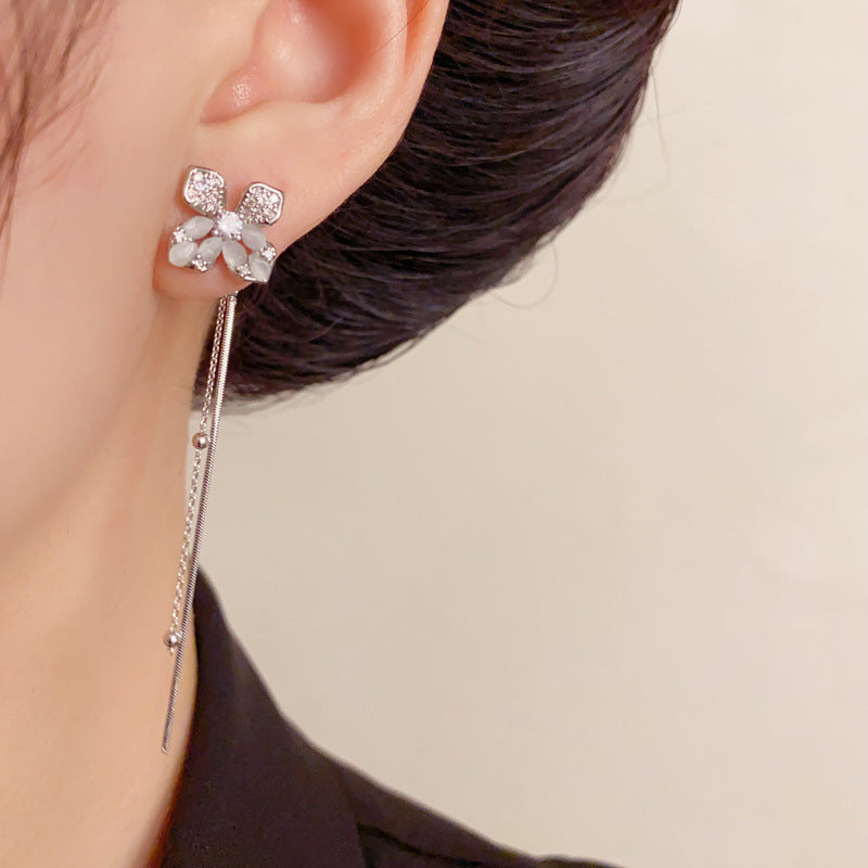 Elegant Zircon Petal Tassel Drop Earrings – Long Fringe Design