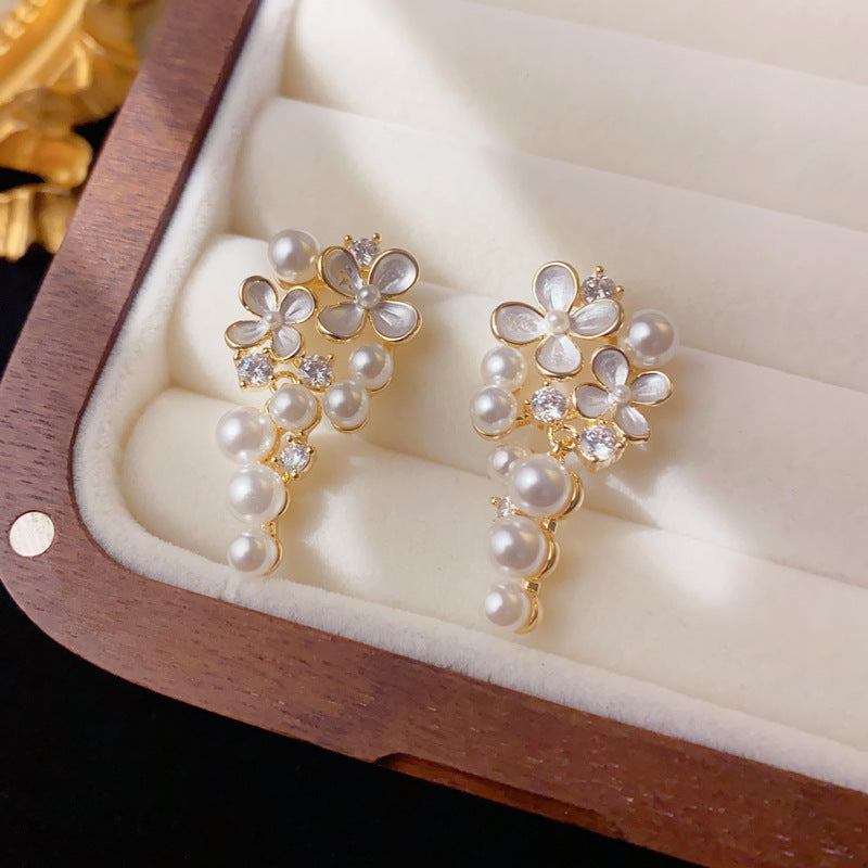 Luxury Zircon Petal Pearl Tassel Drop Earrings – Floral Design