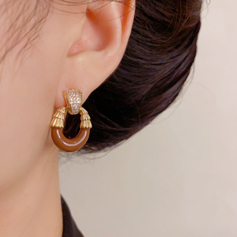 Luxury Zircon Enamel Oval Stud Earrings – Geometric Design