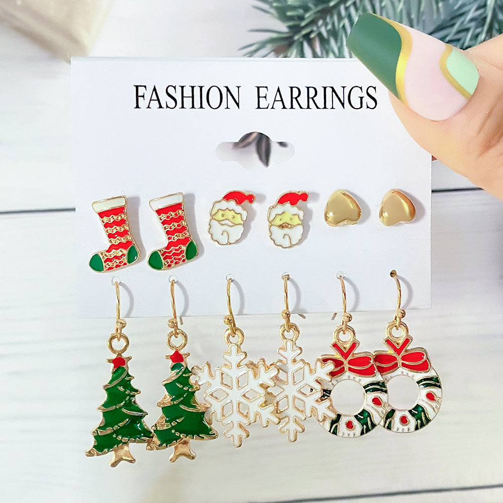 Christmas Earrings Cartoon Ear Stud Set - with Enamel Finish