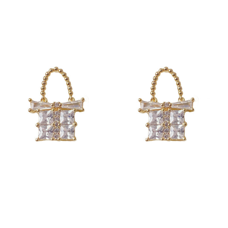 Luxury Full-Zircon Bow Handbag Drop Earrings – Geometric Design