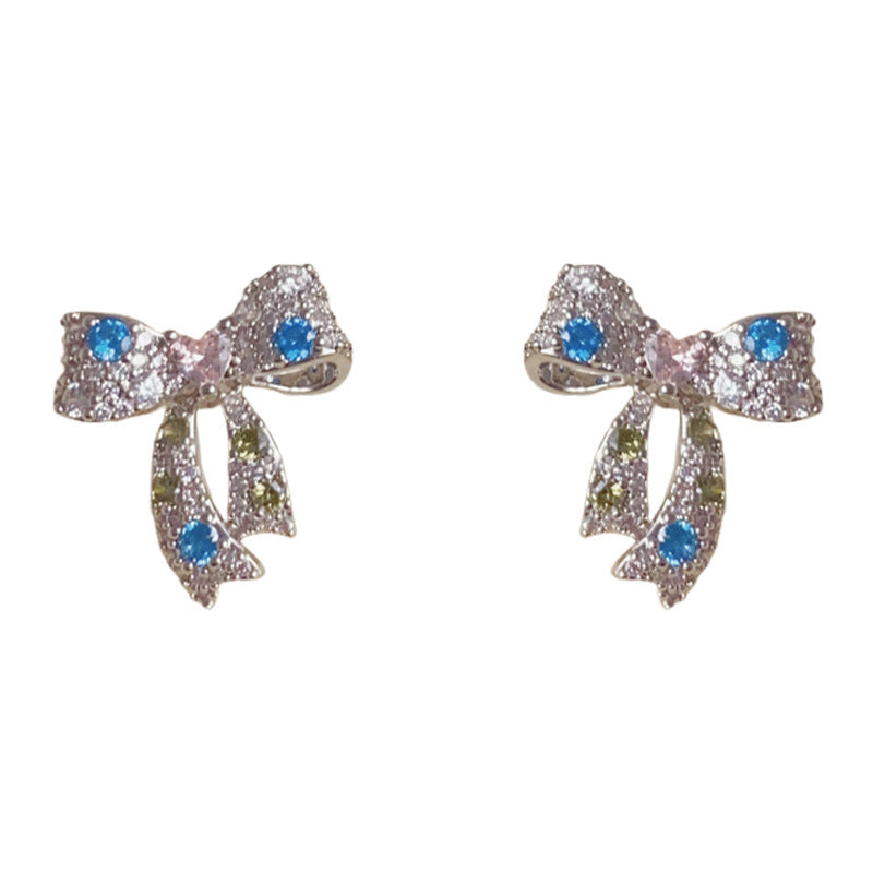 Elegant Zircon Colorful Bow Stud Earrings – Rainbow Sparkle Design