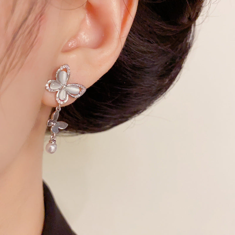 Luxury Zircon Butterfly & Pearl Tassel Drop Earrings – Elegant Design