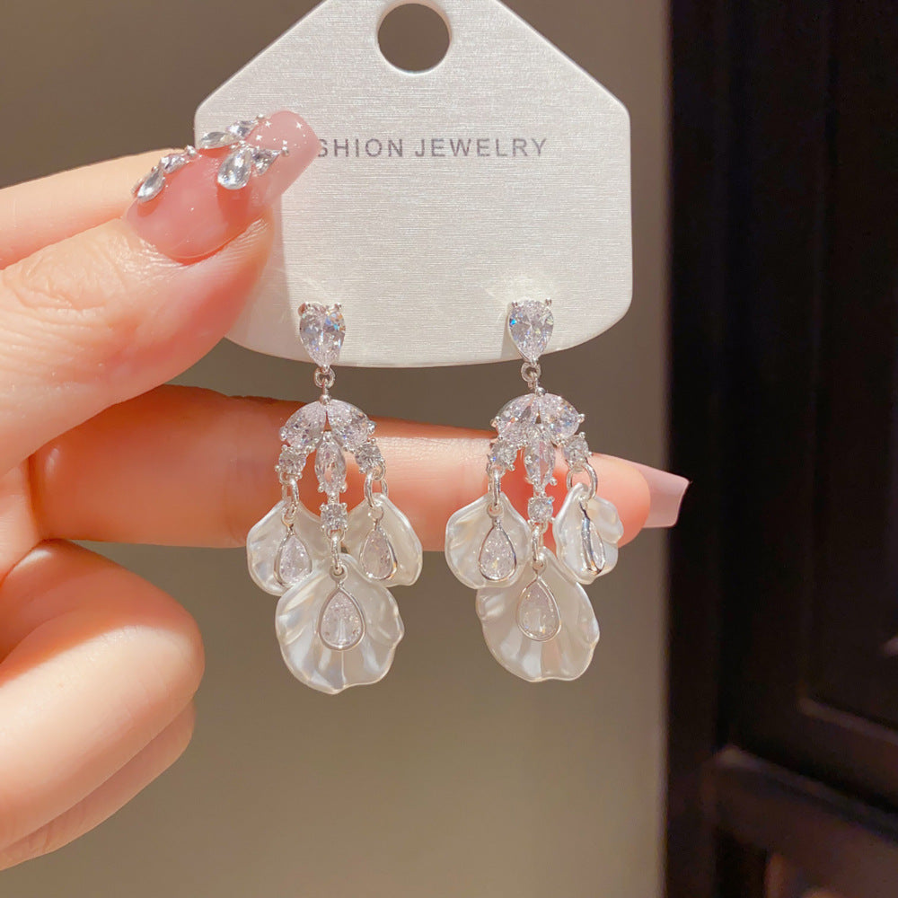 Eaioncol Silver CZ Petal Tassel Drop Earrings