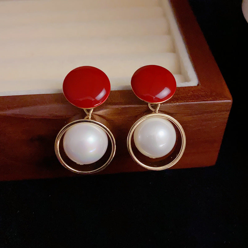 14K Gold-Plated Red Oil-Drop Pearl Drop Earrings - Chic&Elegant Design