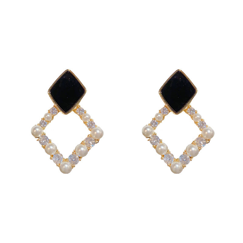 14K Gold-Plated Diamond & Pearl Inlay Rhombus Earrings - Chic Design