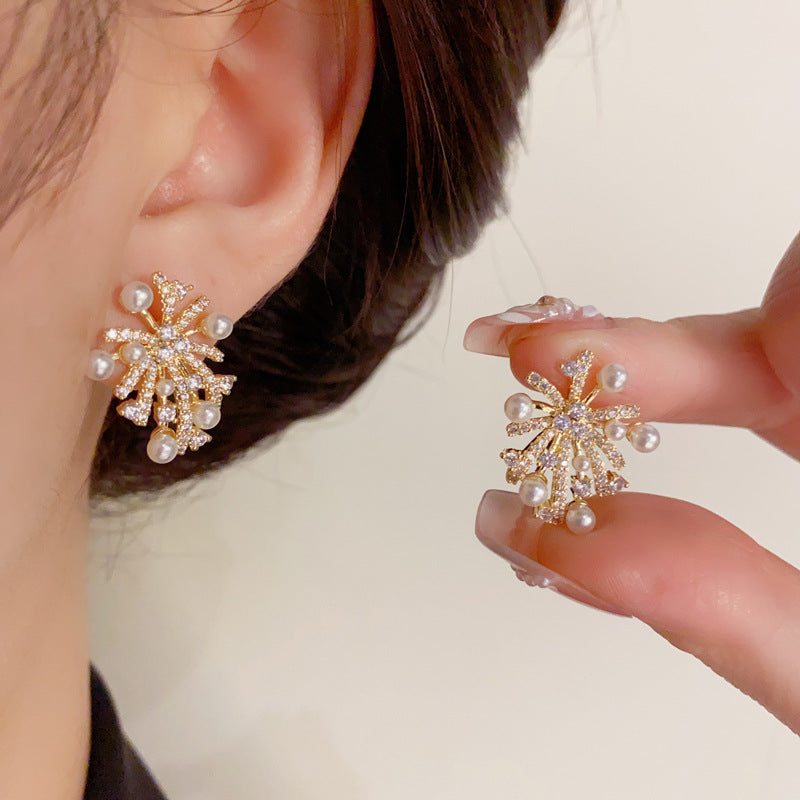 S925 Zircon Firework Pearl Stud Earrings - Elegant Minimalist Design