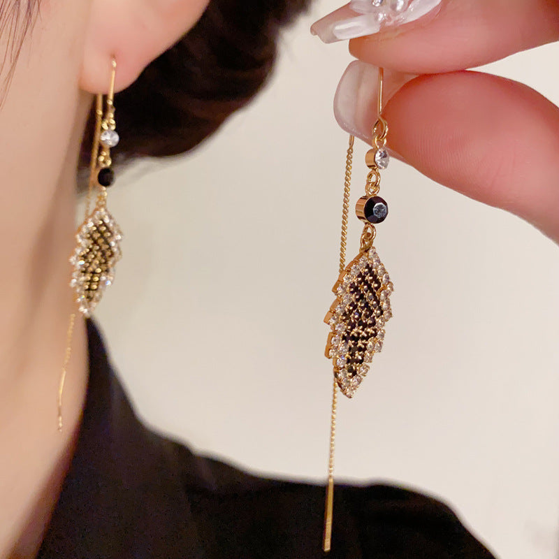 14K Gold-Plated Full-Diamond Leaf Tassel Earrings -Vintage Chic Design