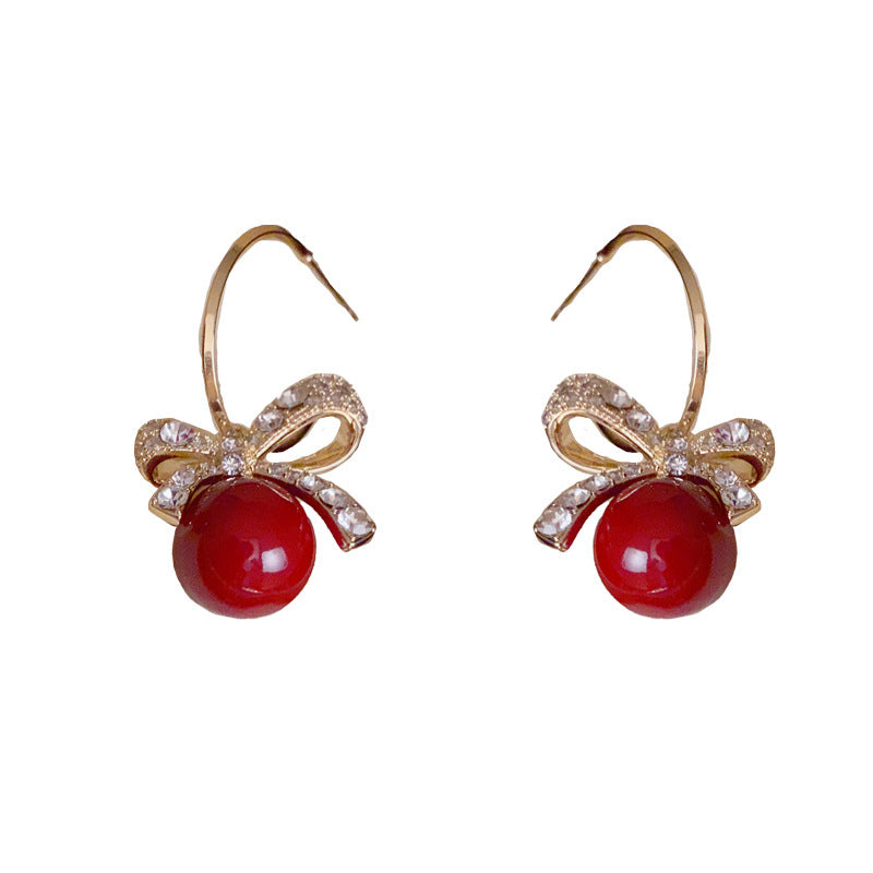 14K Gold-Plated Diamond Bow Pearl Earrings - Elegant Chic Design