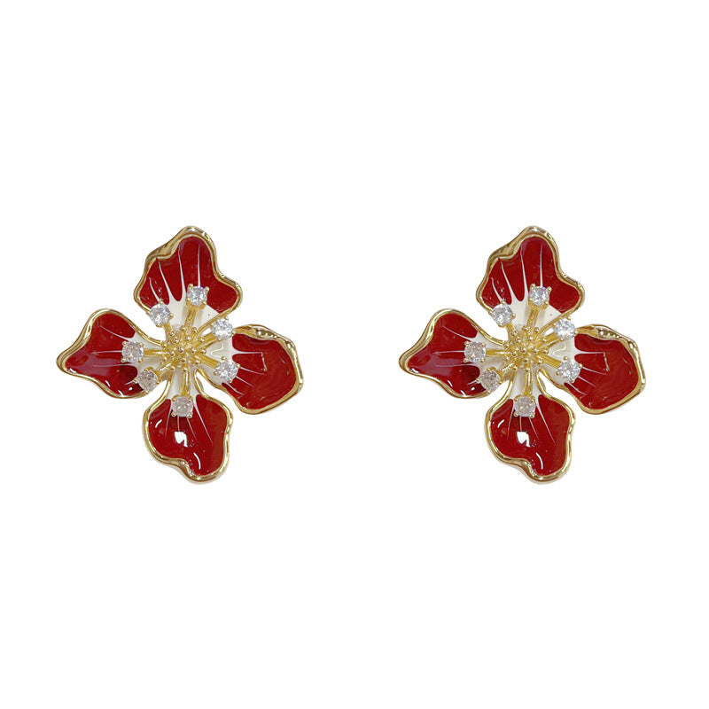 Elegant Zircon Enamel Petal Stud Earrings – Floral Design