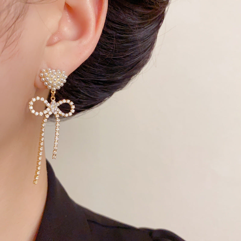 Elegant Pearl Heart Zircon Bow Drop Earrings – Romantic Design