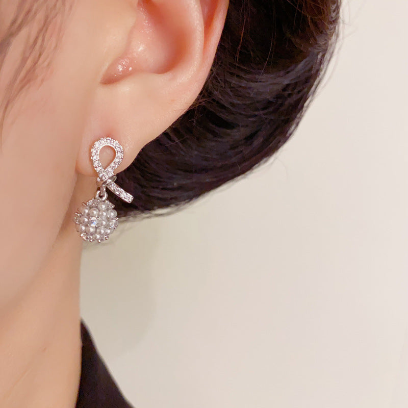 Luxury Zircon Knotted Pearl Ball Drop Earrings – Geometric Design