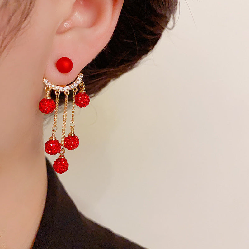 14K Gold-Plated Red Diamond Tassel Earrings - Front and Back Wear