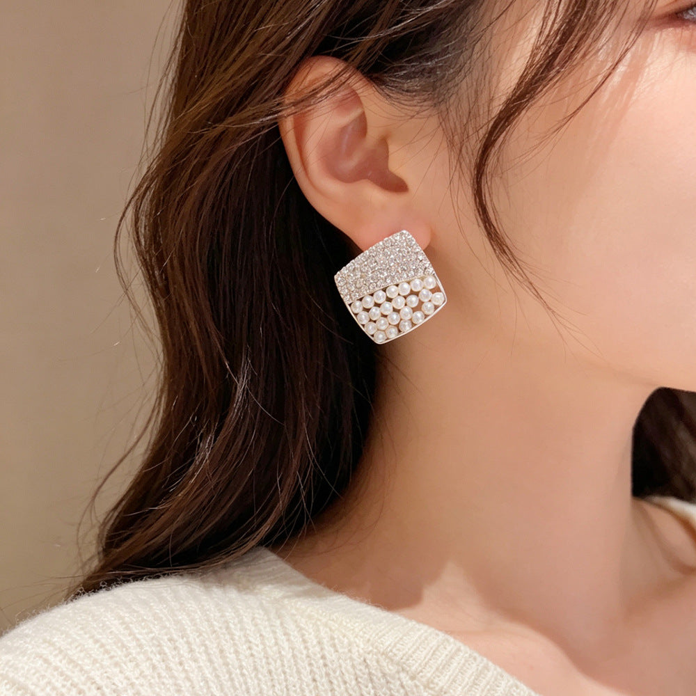 Eaioncol Rhombus Circle CZ Pearl Stud Earrings Silver