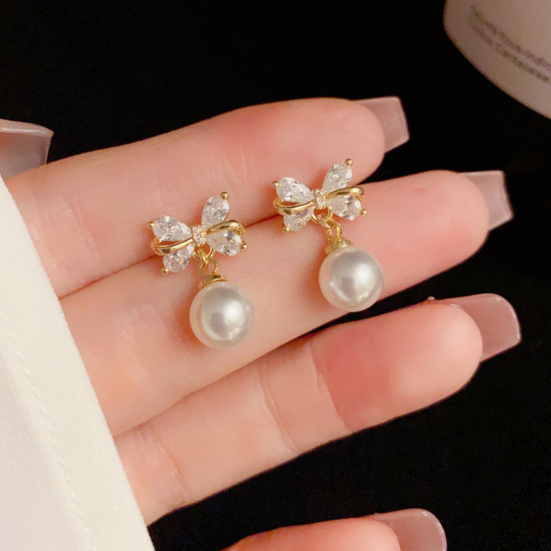 14K Gold Luxury Zircon Bow & Pearl Drop Earrings – Elegant Design