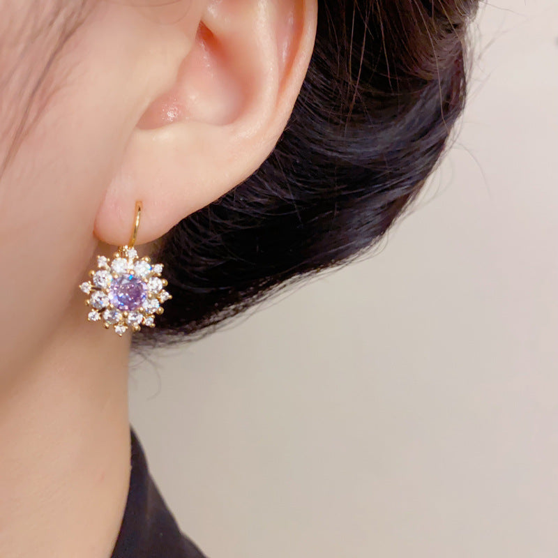 Elegant Zircon Purple Petal Hoop Earrings – Minimalist Floral Design