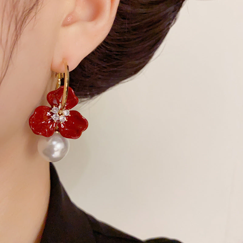 14K Gold-Plated Red Flower Pearl Earrings - Vintage Statement Design