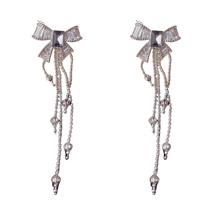 Elegant Zircon Bow Tassel Drop Earrings – French Retro Design