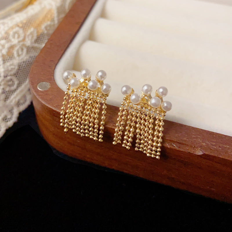 Elegant Pearl Chain Tassel Drop Earrings – Gentle Long Fringe Design