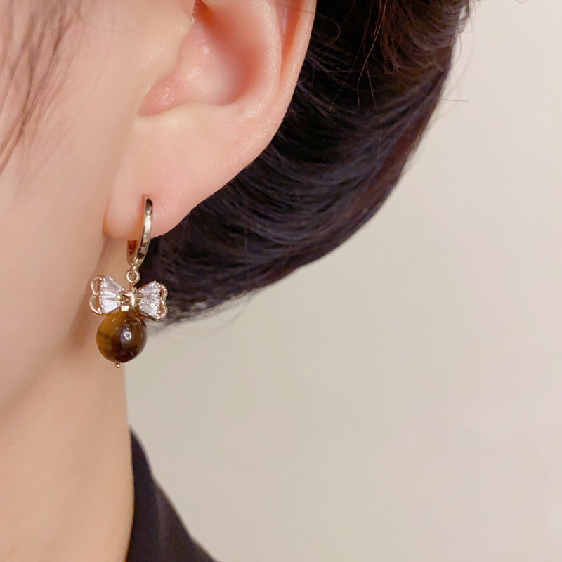 Elegant Zircon Bow Tiger’s Eye Drop Earrings – Retro Design