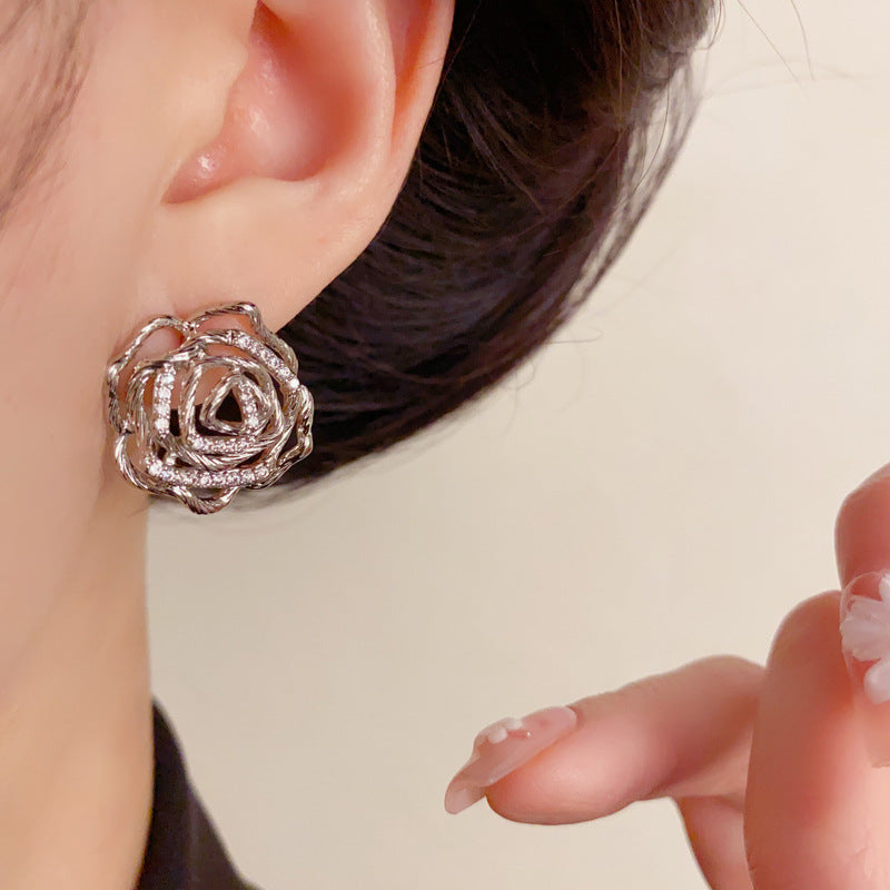Luxury Zircon Hollow Metal Petal Stud Earrings – Floral Design