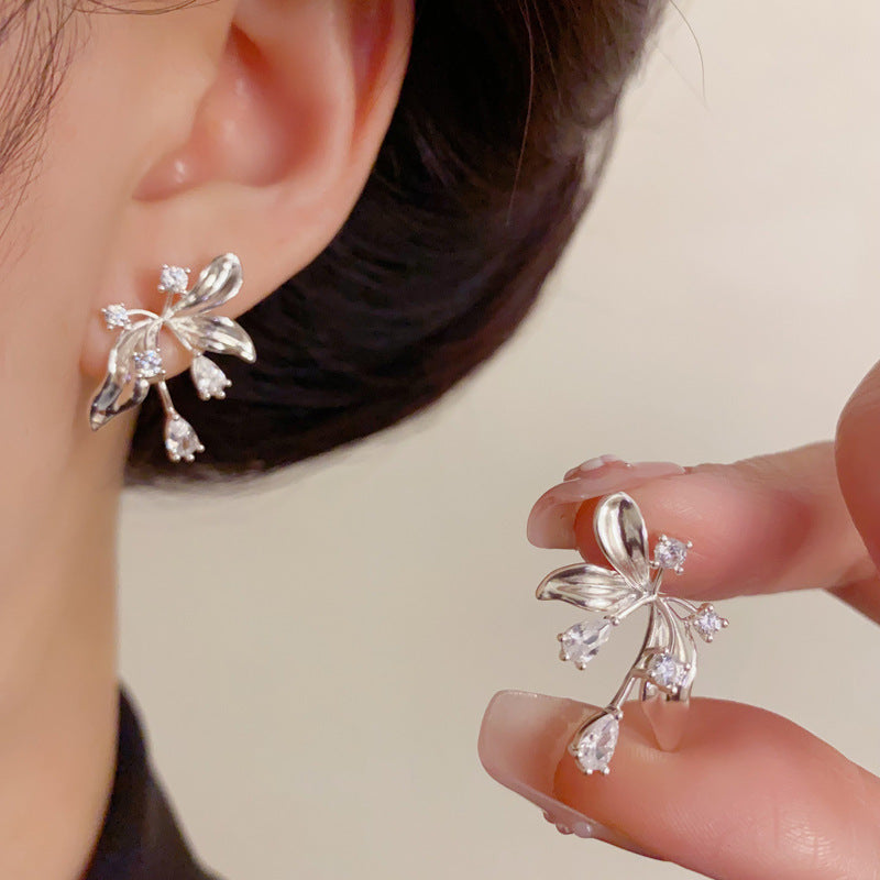 Luxury Zircon Iris Flower Stud Earrings – French Elegance Design