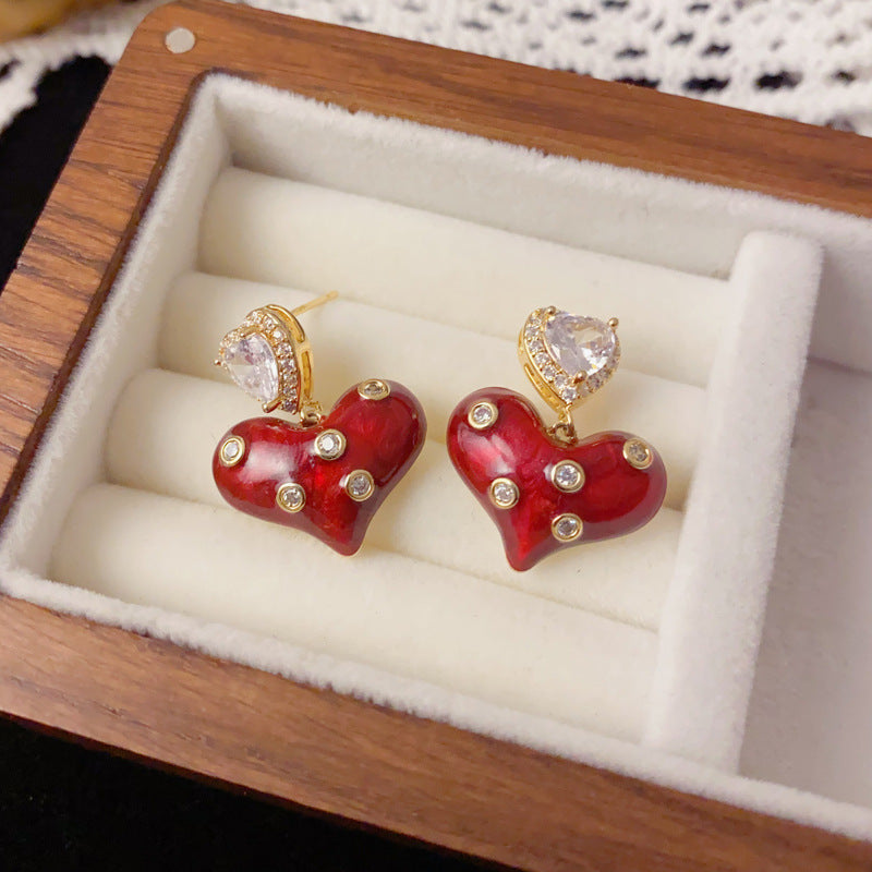 Red Enamel Heart Drop Earrings with Rhinestones – Elegant Design