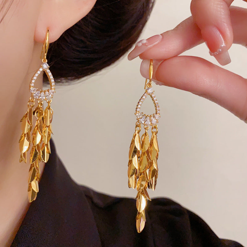 Luxury Zircon Wheat Teardrop Tassel Drop Earrings – Elegant Design