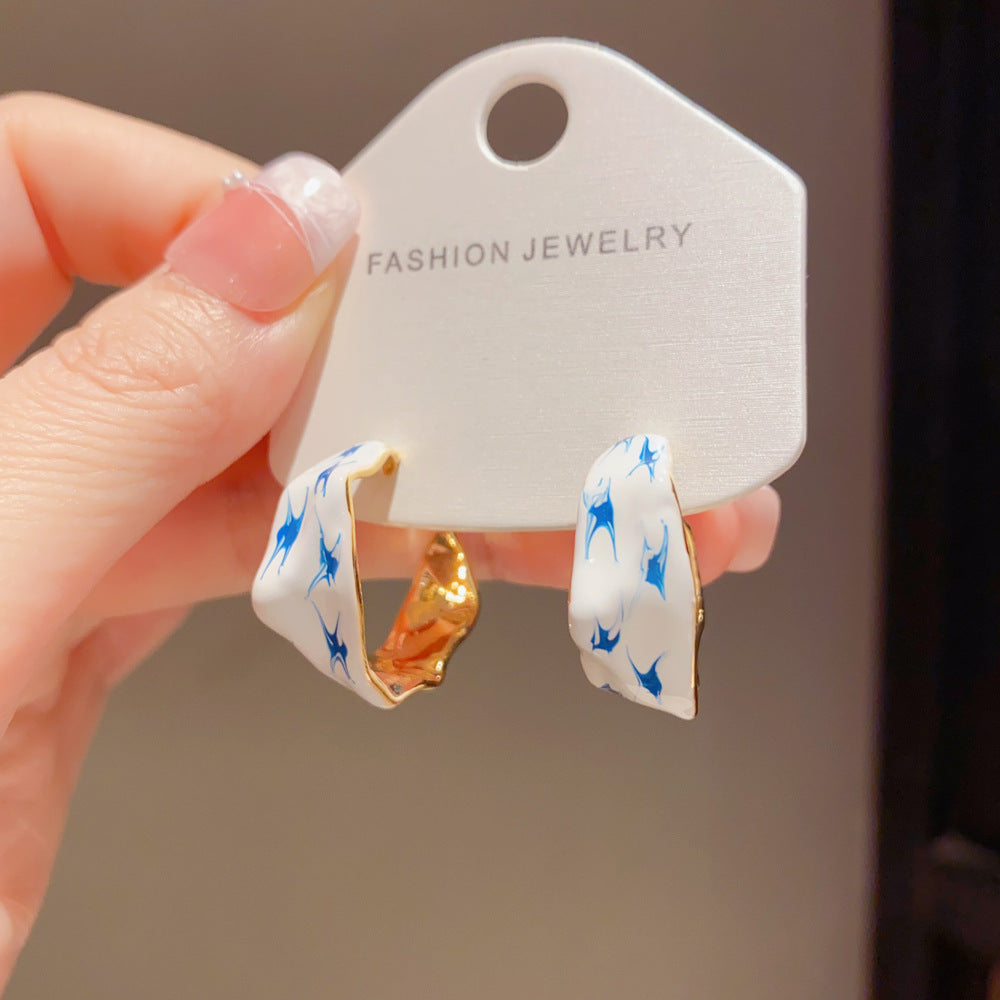 Eaioncol Blue Porcelain Irregular Enamel Hoop Earrings Gold