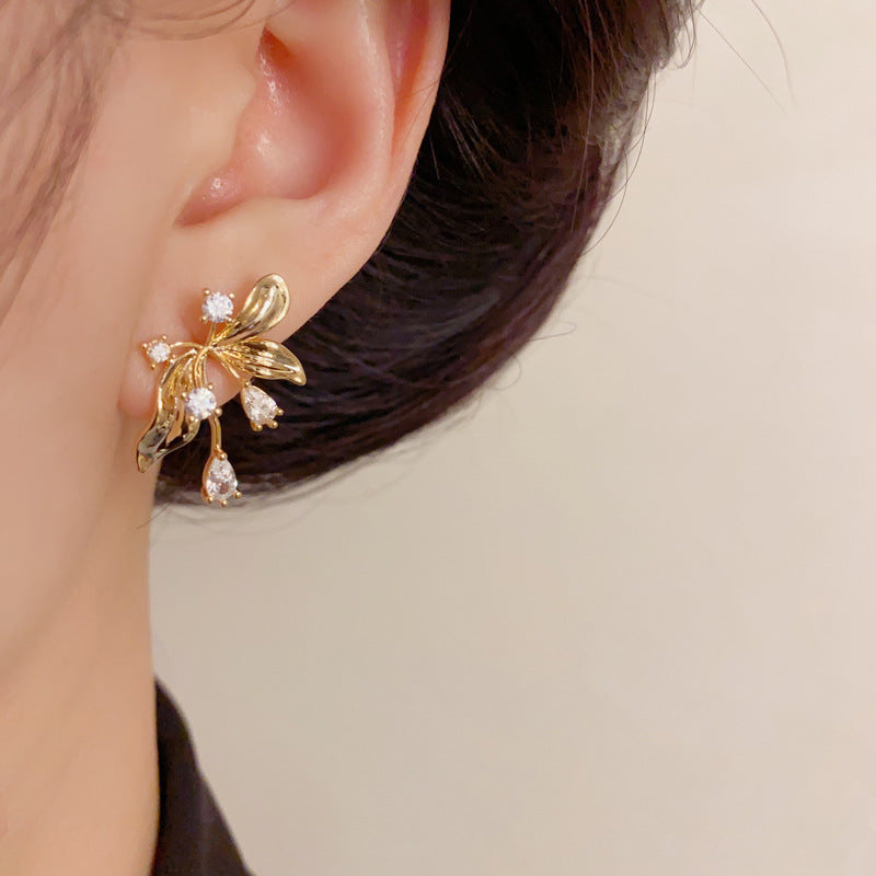 Luxury Zircon Iris Flower Stud Earrings – French Elegance Design